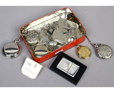 A tin of modern fob watches, zippo lighter, silver plated cigarette case, pair of 9 carat gold earrings etc.