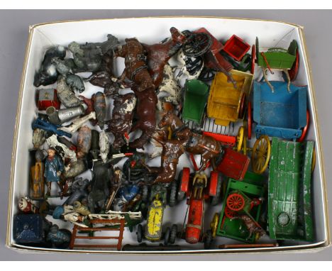 A box of vintage painted lead toys by Charbens, Britains etc including farm animals, figures, carriages, tractors etc.