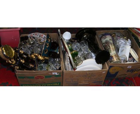 Three good boxes of pottery, china and glassware including neo classical mantel clock, Delft, Duchess china and Midwinter.