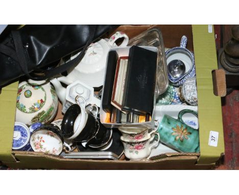 A box of mixed ceramics including Royal Albert, Spode, Paragon, Foley along with silver plated wares, a quantity of roller ba