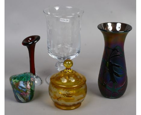 A collection of studio glass etc including signed irridescent vase, Venetian glass pot and Whitefriars type ruby glass vase.