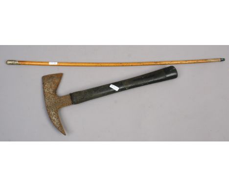 A World War II Lancaster bomber escape axe bearing Pro Pat number 19242.38 and a officers swagger stick.