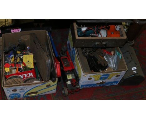 A large collection of tools to include old blow lamp, socket sets, trolley Jack, Black & Decker drills, Spanners and various 