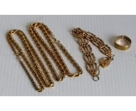 A yellow gold band, size W, cut; two rope-twist neck chains, each 46 cm and a gate-link bracelet, all hallmarked 9ct, 29g 