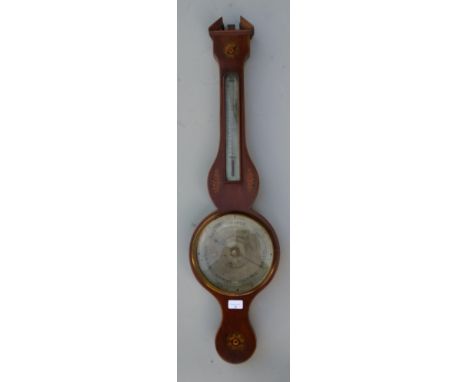 A late 18th century wheel barometer and thermometer, in mahogany case decorated with inlaid satinwood shells and paterae, sil