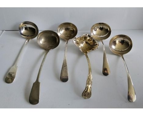 A Victorian Elkington silver plated soup ladle and five others from 29 to 32 cm with assorted flatware, etc 