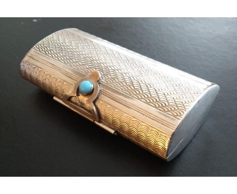 An Art Deco Continental silver cocktail purse / spectacles case with elaborate engine turned design, spring lid with cabochon