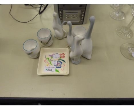POOLE POTTERY SQUARE ASHTRAY, TWO LINCHMERE CHINA GEESE AND TWO STYLIZED DOGS 