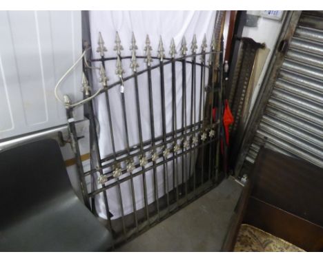 PAIR OF ARCHED, SPEAR TOPPED, MODERN FANCY WROUGHT IRON GARDEN GATES.  HEIGHT OF EACH GATE 133CM, LENGTH 121CM.