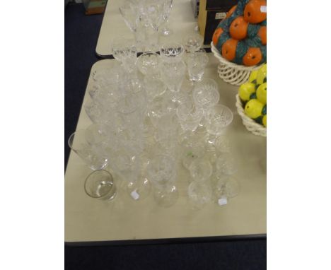 CUT AND MOULDED GLASSWARES TO INCLUDE; DISHES, WINES, DECANTER ETC... 
