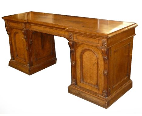 GOOD QUALITY VICTORIAN POLLARD OAK AND BURR OAK ? TWIN PEDESTAL INVERTED BREAKFRONT SIDEBOARD, the quarter cut and moulded to