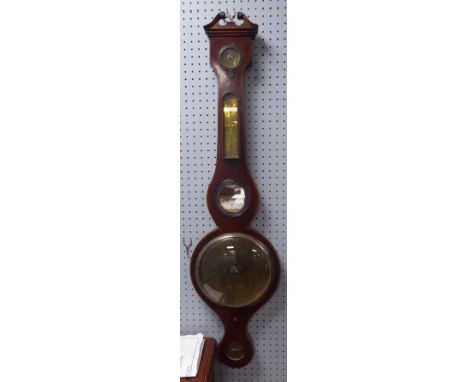 NINETEENTH CENTURY MAHOGANY BANJO BAROMETER, with 8" silvered dial, hygrometer, alcohol thermometer, mirror and level (a.f.),