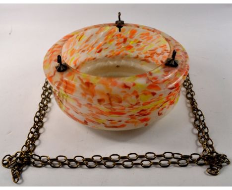 ART DECO glass orange and yellow painted on white back ground ceiling light with hanging chains (Originally from Peebles) D 2