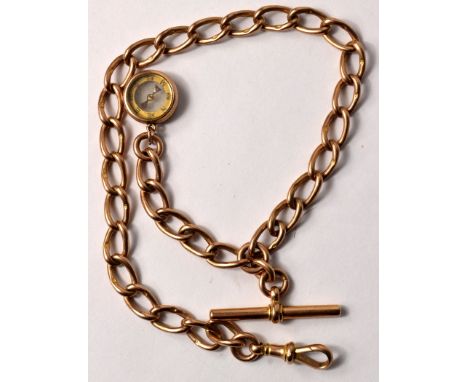 9ct gold fob watch chain L: 32cm with stamped T bar and miniature compass(loope stamped) 24g gross weight