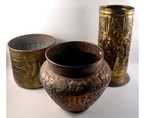 Indian Copper large planter and 2 vintage brass items, a stick stand, and a planter 