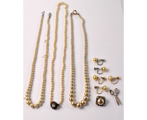 9ct goldand pearl ladies ear rings, 9ct continental ladies gold and pearl ear rings..and a selection of x3 pearl style neckla