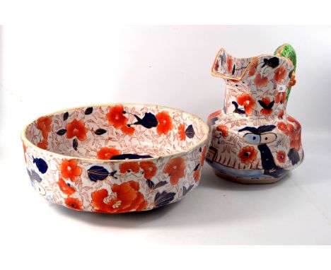 English ironstone Imari Palette Chamber bowl (30cm wide) and pitcher (22cm tall) with Serpent Handle