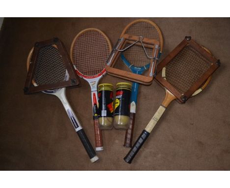 "Anyone for tennis?" - 4 vintage tennis raquets, 3 with presses and some tennis balls
