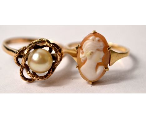Two gold rings to include stamped 9ct oval cameo of a lady size M, 375 hallmarked pearl set in openwork scrolling design size