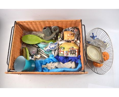 Mixed box to include blue and white ornamental China, pumpkin salt and pepper, vintage hairbrush set etc