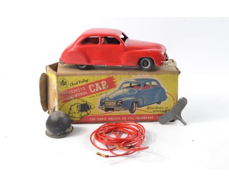 CHAD VALLEY remote control tin plate car with original box and key with rubber controller ball and 'cable tube'