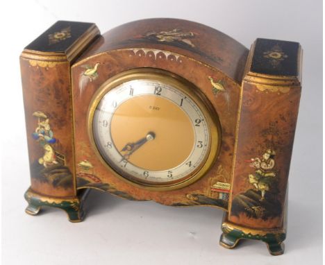 8 day Chinoiserie style mantle clock in walnut finish L: 19cm D: 7.5 H:14cm approx - nice example circa 1930's (with key)
