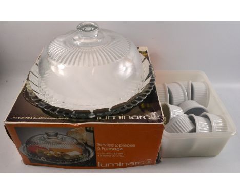 Large glass cheese dish and 9 ceramic ramekins