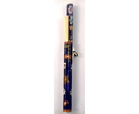 A vintage enamelled knife and chopstick set - decorated with lotus flowers etc L 28cm 