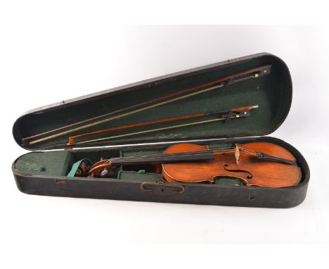 Old vintage violin in case to include 2 bows, chin rest, spare strings etc