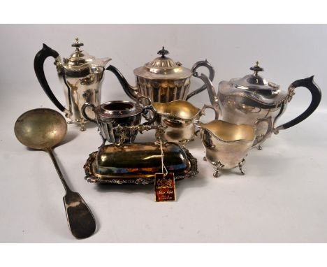 EP vintage teapots (x2), sugar pot (no lid), milk jug, large EP ladle, EP butter dish with glass insert and a EP hot water po