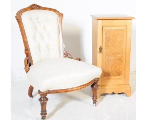 A 19th century Victorian nursing chair together with pot cupboard. The chair with button back, walnut construction with overs