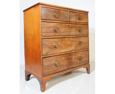A 18th century George III oak wood chest of drawers. The chest of drawers raised on bracket feet, with a two short over three
