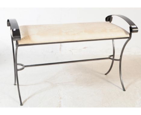 A vintage 20th century ebonised metal window seat / stool. Having damask upholstered fabric with globe / world atlas design, 