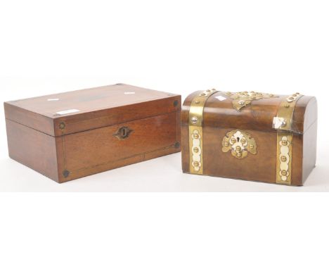 A 19th century Victorian walnut tea caddy and vanity box. The tea caddy having brass banding to exterior, with lined appointe