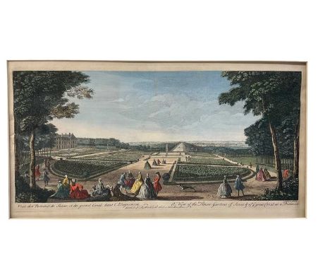 Three 18th century hand coloured prints of gardens, including a pair of views of Vauxhall Gardens, each 22 x 40cm, another of