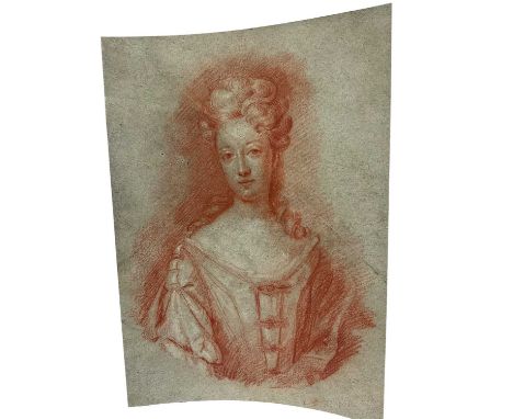 After Godfrey Kneller, red chalk, Portrait of the Duchess of Marlborough, 26 x 18cmPaper stuck down onto card, crease runs ac
