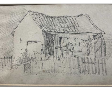 Attributed to Cornelius Varley (1781-1873) pencil, tumble down farm building, inscribed C Varley to rear, 12 x 19cm, together
