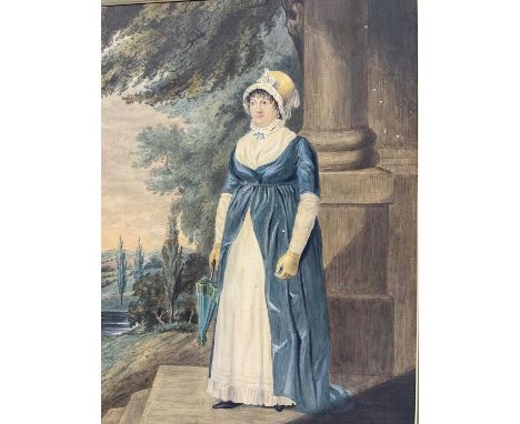19th century English School, watercolour - Portrait of a lady with bonnet and parasol, 35 x 26cm