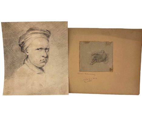 Manner of Allan Ramsey (1713-1784) pencil, head of a man, 19 x 17cm, together with a study of a hand with note attributing to