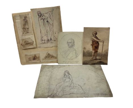 Group of works on paper, including figure sketch inscribed J Flaxman, watercolour of a peasant, pencil sketch of Bonnie Princ