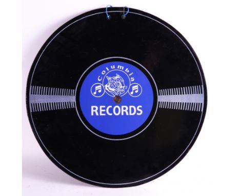 "HIS MASTER'S VOICE RECORDS" AND "COLUMBIA RECORDS" A DOUBLE SIDED ENAMEL SIGNFormed as a record, 61cm wide.Some losses to th