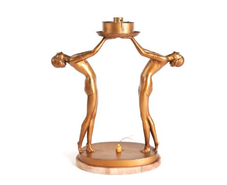 AN ART DECO GILT-METAL FIGURAL TABLE LAMPModelled as two dancers, mounted on alabaster base, 37cm highCondition Report; Resto