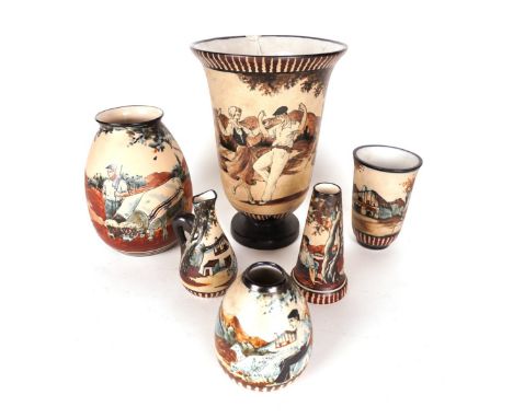 SIX FRENCH CIBOURE POTTERY ITEMS (6)Each handpainted with rural or agricultural scenes, the two smaller vases signed H. Hored