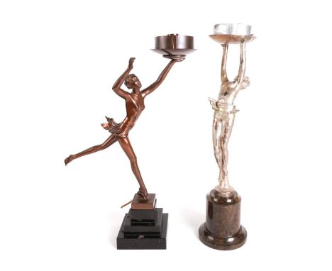 AN ART DECO SILVERED METAL FIGURAL TABLE LAMP MODELLED AS A DANCER AND ANOTHER (2)Mounted on a polished granite base, 45.5cm 