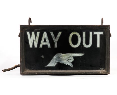 A MID 20TH CENTURY THEATRE LIGHT UP SIGN BOX 'WAY OUT'69cm wide; 38cm high