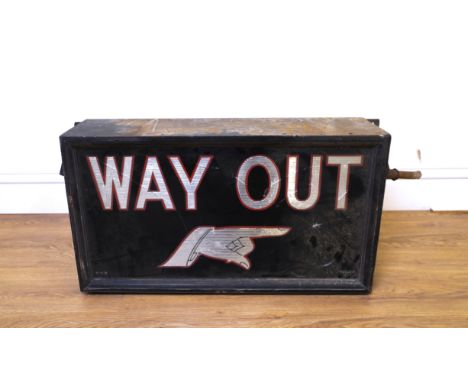 A MID 20TH CENTURY THEATRE LIGHT UP SIGN BOX ‘WAY OUT'69cm wide; 38cm highGlass to the front of the sign is heavily damaged a