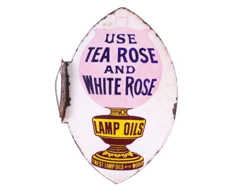 LAMP OILS “USE TEA ROSE AND WHITE ROSE” OVAL ENAMEL SIGNDouble sided, 28cm wide; 44cm highCondition Report: Some gloss, multi