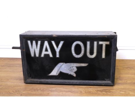 A MID 20TH CENTURY THEATRE LIGHT UP SIGN BOX ‘WAY OUT'69cm wide; 38cm high