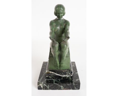 MAX LE VERRIER (1891-1973); A GREEN PATINATED SPELTER FIGURAL LAMP MODELLED AS AN ART DECO GIRLInscribed to the case ‘M. Le V