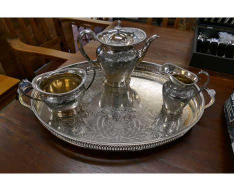 Silver plate tea service on tray 